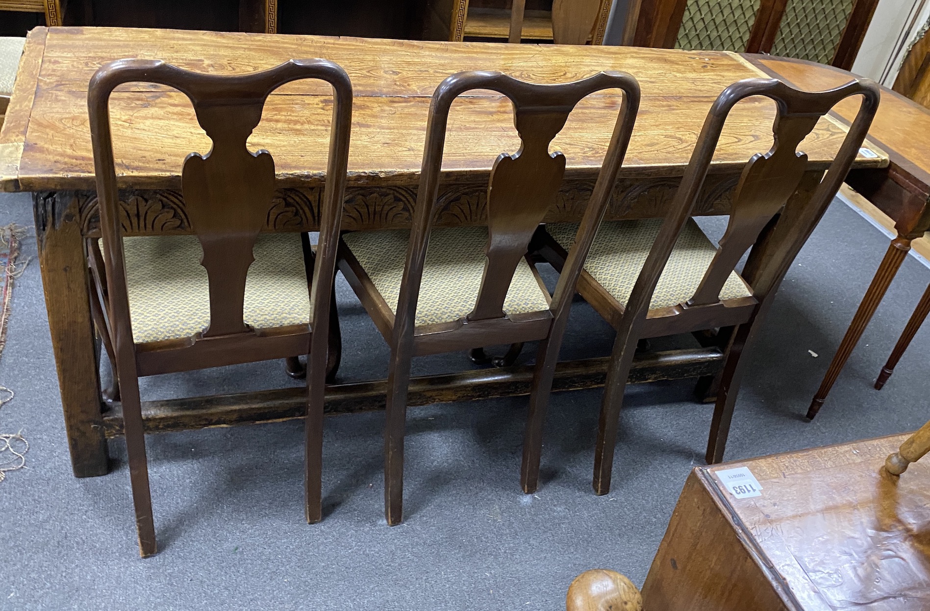 A set of six early 20th century Queen Anne style mahogany dining chairs, width 40cm, height 103cm